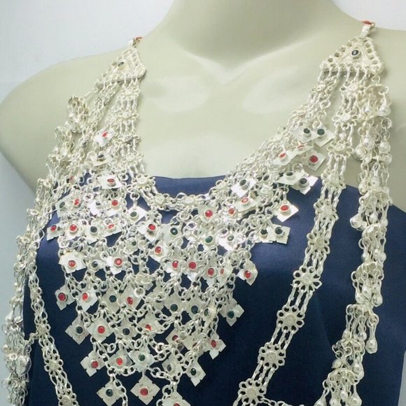 Massive Silver Kuchi Bib Necklace, Tribal Bib Necklace With Dangling Tassels - Picture 4 of 9